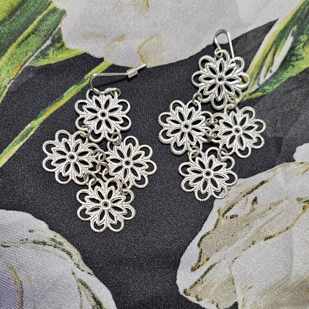 Statement Silver Floral Earrings
